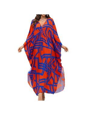Women's Blue & Red Floral V-Neck Batwing Sleeves Summer Cover Up Kaftan Dress